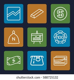 money icons set. Set of 9 money outline icons such as sack, 100 casino chip, ATM money withdraw, gold, line chart, card, dollar coin