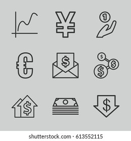 Money icons set. set of 9 money outline icons such as dollar down, euro, graph, envelope with dollar bill, coin on hand, money, dolar growth, dollar sign
