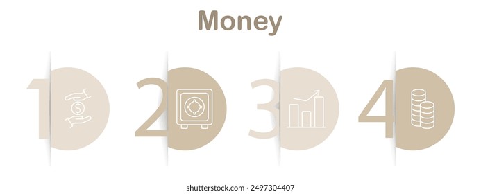 Money icons set. Calculator, magnifying glass with dollar, currency exchange, euro coins, secure transaction, financial building, briefcase, diamond, umbrella with dollar, balance scale