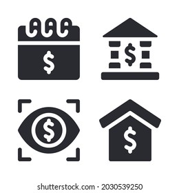 Money icons set = calendar, bank, eye, home money. Perfect for website mobile app, app icons, presentation, illustration and any other projects.