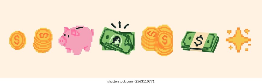 Money icons set. Cash, coins stack, paper money, dollar, piggy bank. Pixel Art, 8 bit, retro video game style. Hand drawn modern Vector illustration. Deposit, investment, currency, profit concept