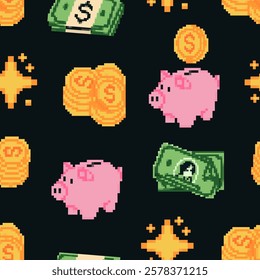 Money icons set. Cash, coins stack, paper money, dollar, piggy bank. Pixel Art, 8 bit, retro video game style. Hand drawn Vector illustration. Square seamless Pattern. Deposit, investment, concept