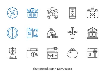 money icons set. Collection of money with gift card, savings, sale, wallet, insurance, bank, growth, coin, online shopping, roulette, pocket. Editable and scalable money icons.