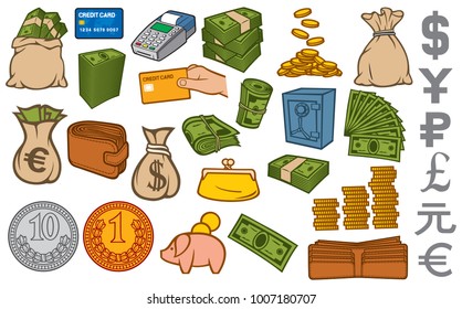 money icons set (credit card terminal, bag, safe, stacked coins, piggy bank, gold brick, leather wallet)