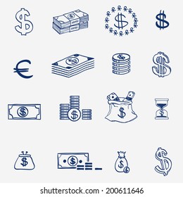 Money Icons Set Doodle Sketch Hand Draw. Finanse Investment Business Credit Bank Elements