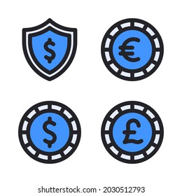 Money icons set (Field Line) = shield, euro, dollar, pound. Perfect for website mobile app, app icons, presentation, illustration and any other projects.