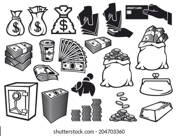 money icons set (finance or banking symbols, bag with coins, safe, bullion, banknotes roll, credit card, old purse)