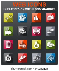 money icons set in flat design with long shadow