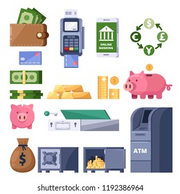 Money icons set. Isolated finance, banking, investment and commerce symbol. ATM, terminal, dollars, piggy bank and safe illustration