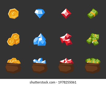 Money icons set. Isolated vector illustration of mobile game sprites. Design for stickers, logo, mobile app. Arcade or match 3 2d graphics game asset. Flat coin, ruby and dollar sprites sheet.