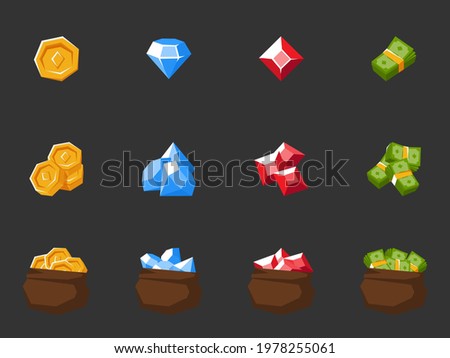 Money icons set. Isolated vector illustration of mobile game sprites. Design for stickers, logo, mobile app. Arcade or match 3 2d graphics game asset. Flat coin, ruby and dollar sprites sheet.