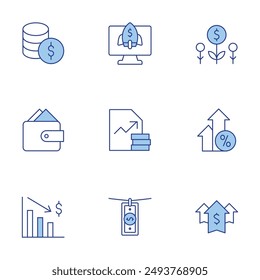 Money icons set. Line Duotone style, editable stroke. investment, arrows, income, money, money loss, money laundering, report, startup.