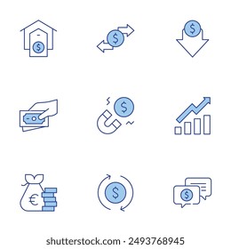 Money icons set. Line Duotone style, editable stroke. money, earnings, house, currency, transaction, magnet, increase, low price, support.