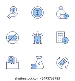 Money icons set. Line Duotone style, editable stroke. profit, money, money bag, no money, cashback, bribe, calculator, monitor.