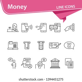 Money icons. Set of line icons on white background. Bank check, card reader, online shopping. Banking concept. Vector illustration can be used for topics like payment, finance, shopping