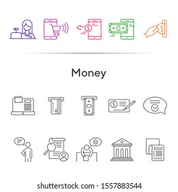 Money icons. Set of line icons on white background. Bank check, card reader, online shopping. Banking concept. Vector illustration can be used for topics like payment, finance, shopping