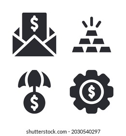 Money icons set = mail earning, gold, insurance, setting money. Perfect for website mobile app, app icons, presentation, illustration and any other projects.