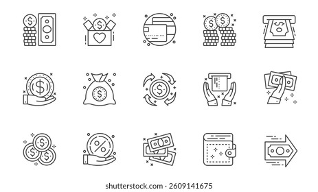 Money icons set in outline stroke design for web. Pack line pictograms with cash, finance, donate, credit card, savings, wealth, atm paying, currency exchange, banking, other. Vector illustration.