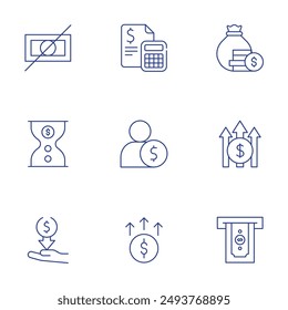Money icons set. Thin Line style, editable stroke. calculator, employee, increase, no, monitor, time is money, profit, expense, taking cash.