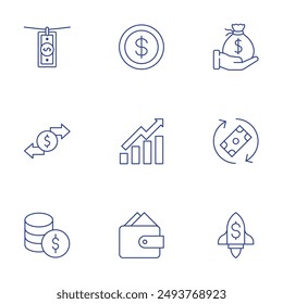 Money icons set. Thin Line style, editable stroke. transaction, increase, money, salary, money laundering, rocket.