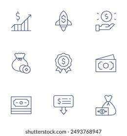 Money icons set. Thin Line style, editable stroke. money, stock, money bag, rocket, badge, extract.