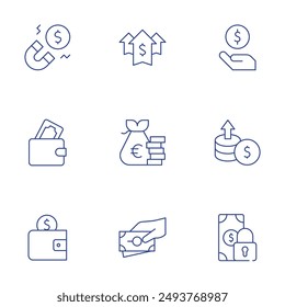 Money icons set. Thin Line style, editable stroke. money, magnet, wallet, increase, earnings, debt, income.