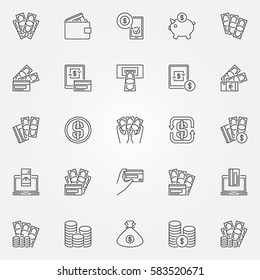Money icons set - vector collection of cash and credit card payments concept symbols in thin line style