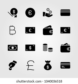 Money icons set. Money vector illustration wallet, bag, pound sterling and credit card