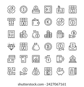 Money icons set. Vector line icons. Black outline stroke symbols