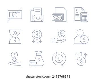 Iconos de dinero. Estilo de línea delgada, trazo editable. dinero, calculadora, empleado, aumento, negocio, costo, bolsa de dinero, caridad, moneda, no, el tiempo es dinero, gasto.