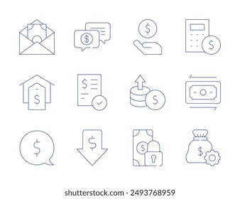 Money icons. Thin Line style, editable stroke. money, increase, debt, support, bank check, low price, house, calculator, money transfer, money talk.