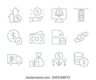 Money icons. Thin Line style, editable stroke. money, transaction, arrows, dollar, money transport, bag, startup, report, investment, laundering.