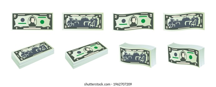 Money icons. Two dollar bills. Dollars banknotes from front and reverse side. Dollar's banknotes set. Vector illustration