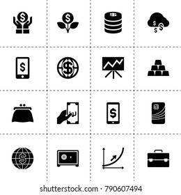 Money icons. vector collection filled money icons. includes symbols such as dollar cloud, dollar sign on phone, safe, dollar sign on globe. use for web, mobile and ui design.