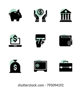 Money icons. vector collection filled money icons set.. includes symbols such as credit card payment, wallet, piggy bank, safe, case. use for web, mobile and ui design.