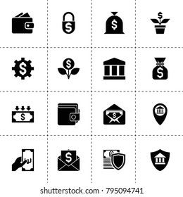 Money icons. vector collection filled money icons. includes symbols such as dollar sign in gear, devaluation, bank insurance, bank location. use for web, mobile and ui design.
