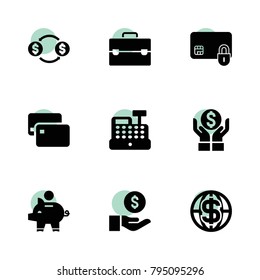 Money icons. vector collection filled money icons set.. includes symbols such as coin on hand, piggy bank, credit card security, case. use for web, mobile and ui design.