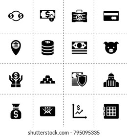Money icons. vector collection filled money icons. includes symbols such as pig, safe, gold, bank location, bank card, coins. use for web, mobile and ui design.