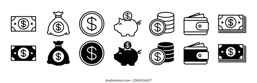 Money icons vector in line and flat style. Finance icons. Moneybag or stash, coin, piggy bank, wallet, dollar icon symbol on white background for apps and websites. Vector illustration