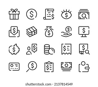 Iconos de dinero. Iconos de línea del vector establecidos. Finanzas, riqueza, economía, conceptos financieros. Símbolos de esquema, elementos gráficos lineales. Diseño moderno