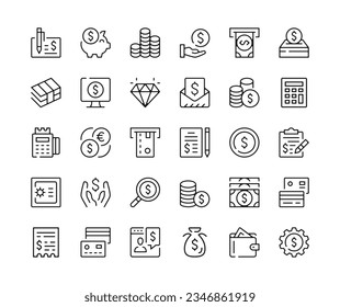 Money icons. Vector line icons set. Payment, currency concepts. Black outline stroke symbols