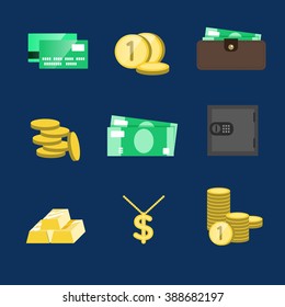 Money icons vector set. Money sign vector illustration. Vector cash. Saving cash and investments vector icons. Capital increase vector concept. Money in the Bank. 