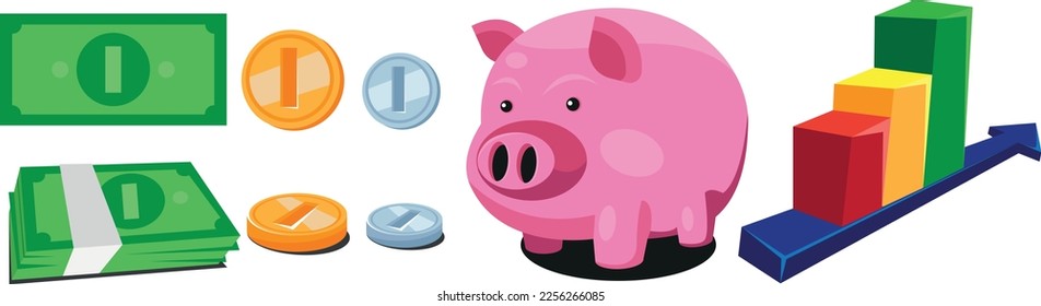 Money icons and vectors. Pig-shaped safe, coins and banknotes
