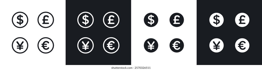 Money icons vectors set in black. line and flat versions