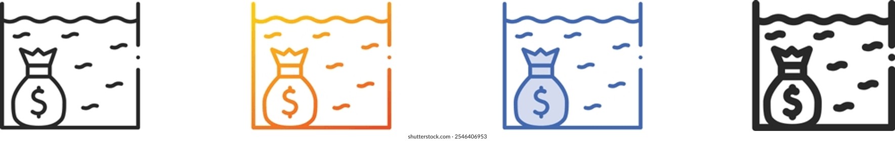 icono de dinero. Diseño lineal delgado, degradado, trazo azul y estilo audaz aislado sobre fondo blanco