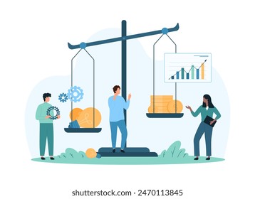 Money and idea balance, financial analysis of value and profit of project or purchase for investor. Tiny people weigh coins and light bulbs on seesaw scales, compare price cartoon vector illustration