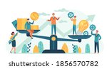 Money and idea balance. Investor compare business ideas and finance on scales. Buying creative project or startup, tiny human vector. Illustration idea equality profit, harmony and balance investment