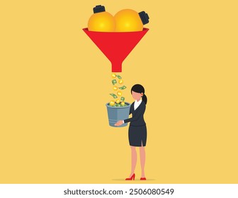 Money Idea. Business women turn their thoughts into income.