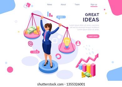 Money idea compare layout. Hold conceptual bulb on gold balance concept, can use for web banner, infographics, hero images. Flat isometric vector illustrations isolated on white background