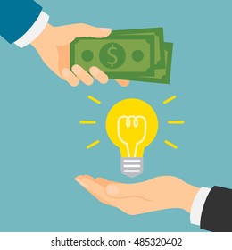 Money for idea concept. Hand giving idea light bulb and another hand giving green dollars. Concept of deal, selling and investment.